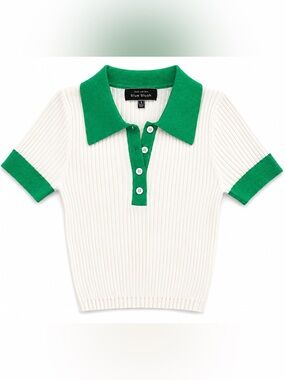 Blue Blush Cream Ribbed Knit Green Contrast Polo Top Size S